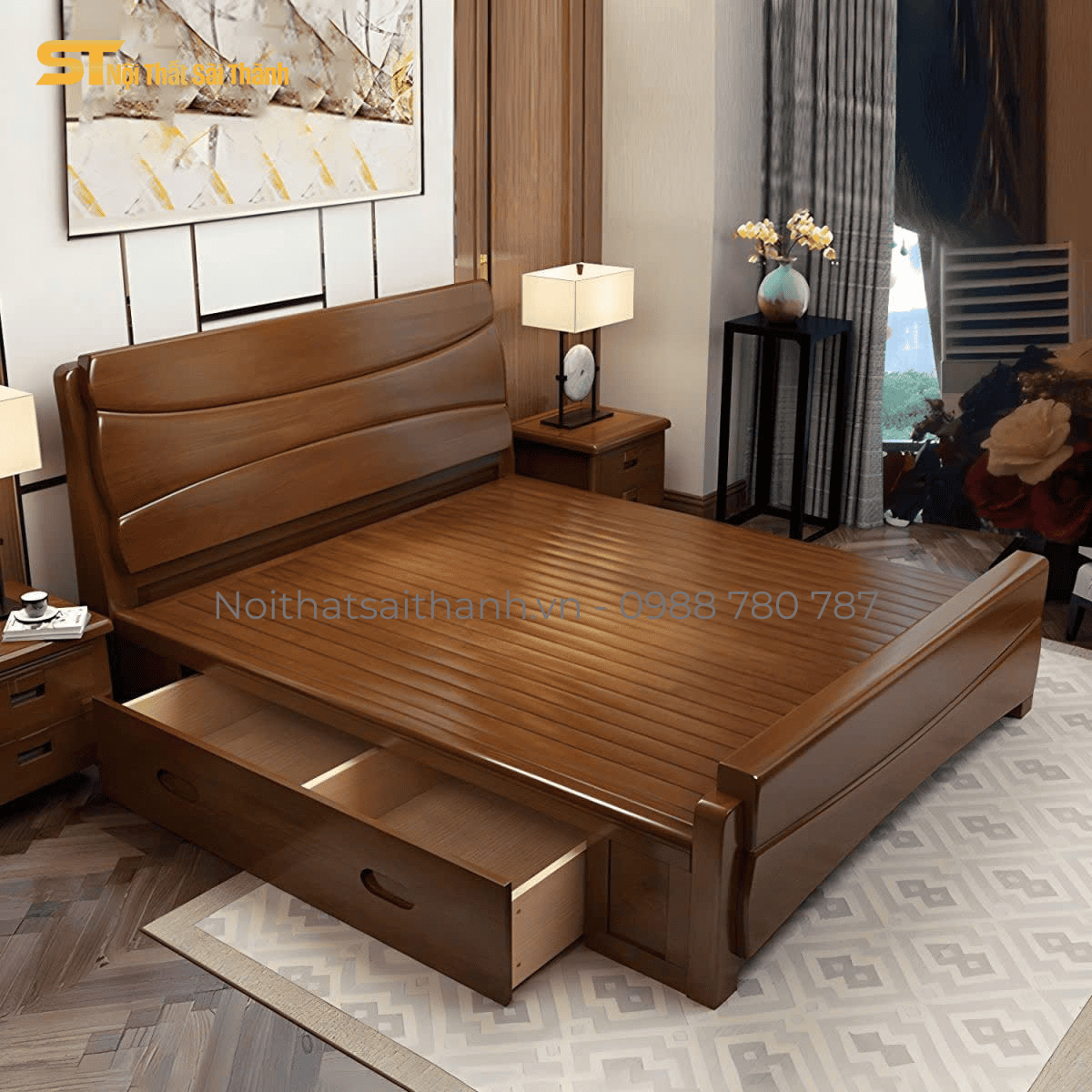 Giường Ngủ Gỗ Sồi Sơn Màu ÓC Chó Kèm Nệm Cao Su Non