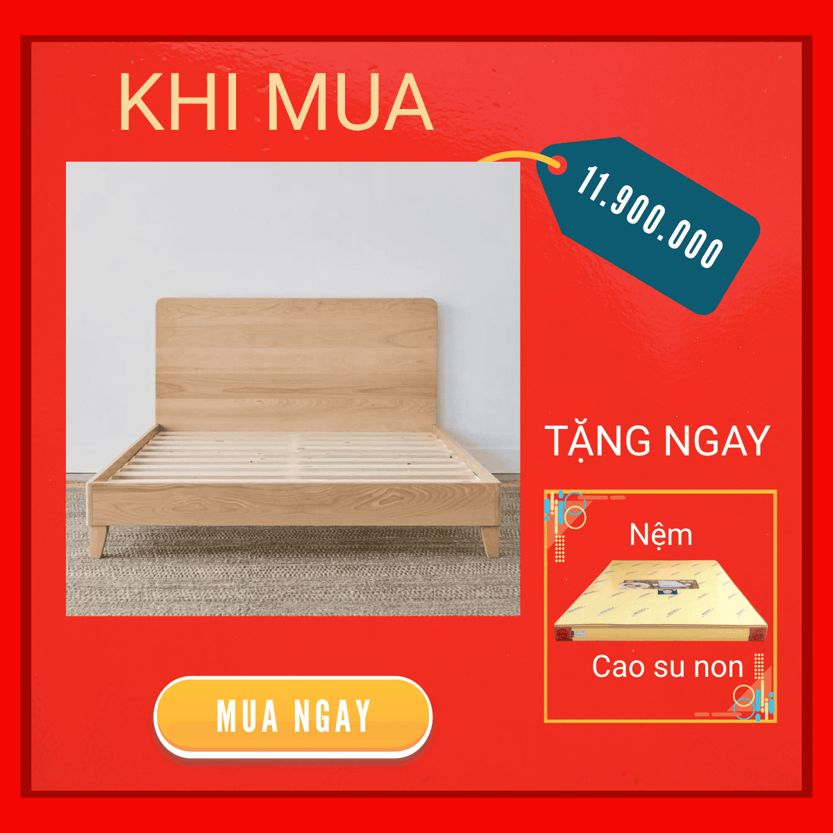 Giường Ngủ Gỗ Sồi Mỹ Chân Cao Sơn Màu Tự Nhiên Kèm Nệm Cao Su Non