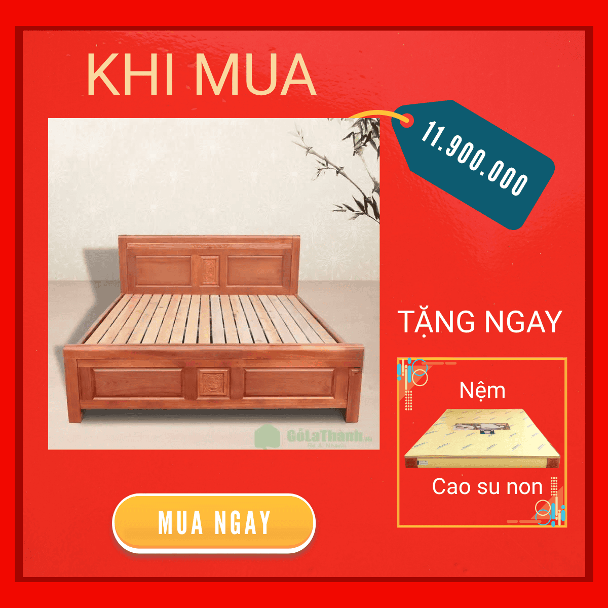 Giường Ngủ Gỗ Xoan Đào Sơn Màu Tự Nhiên Kèm Nệm Cao Su Non