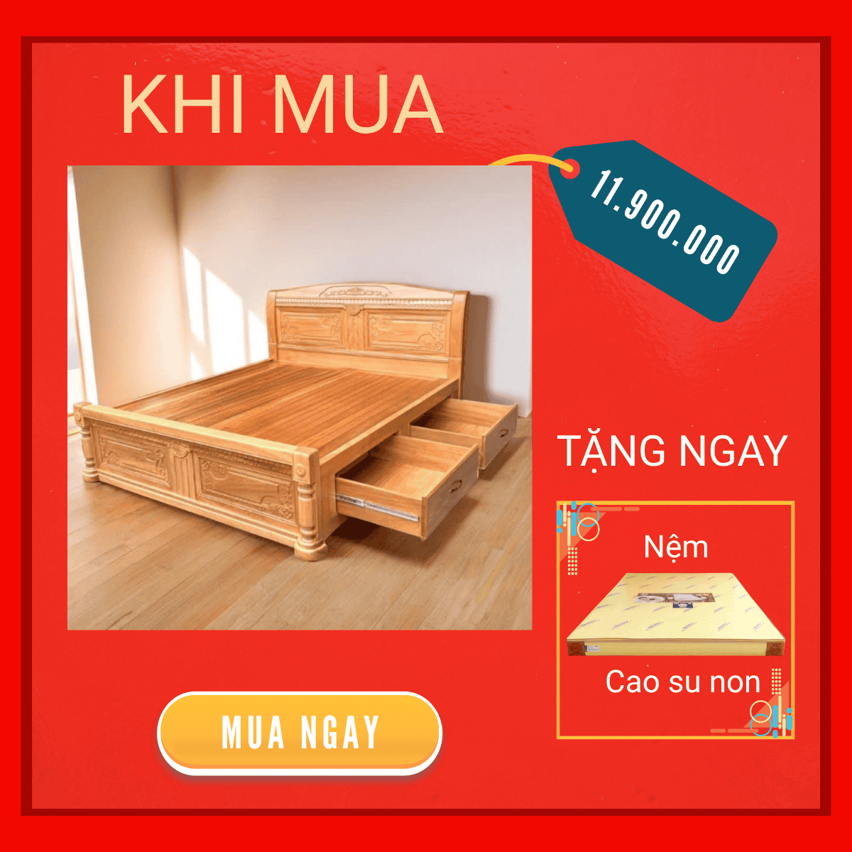 Giường Ngủ Gỗ Sồi Mỹ Sơn Màu Tự Nhiên Kèm Nệm Cao Su Non